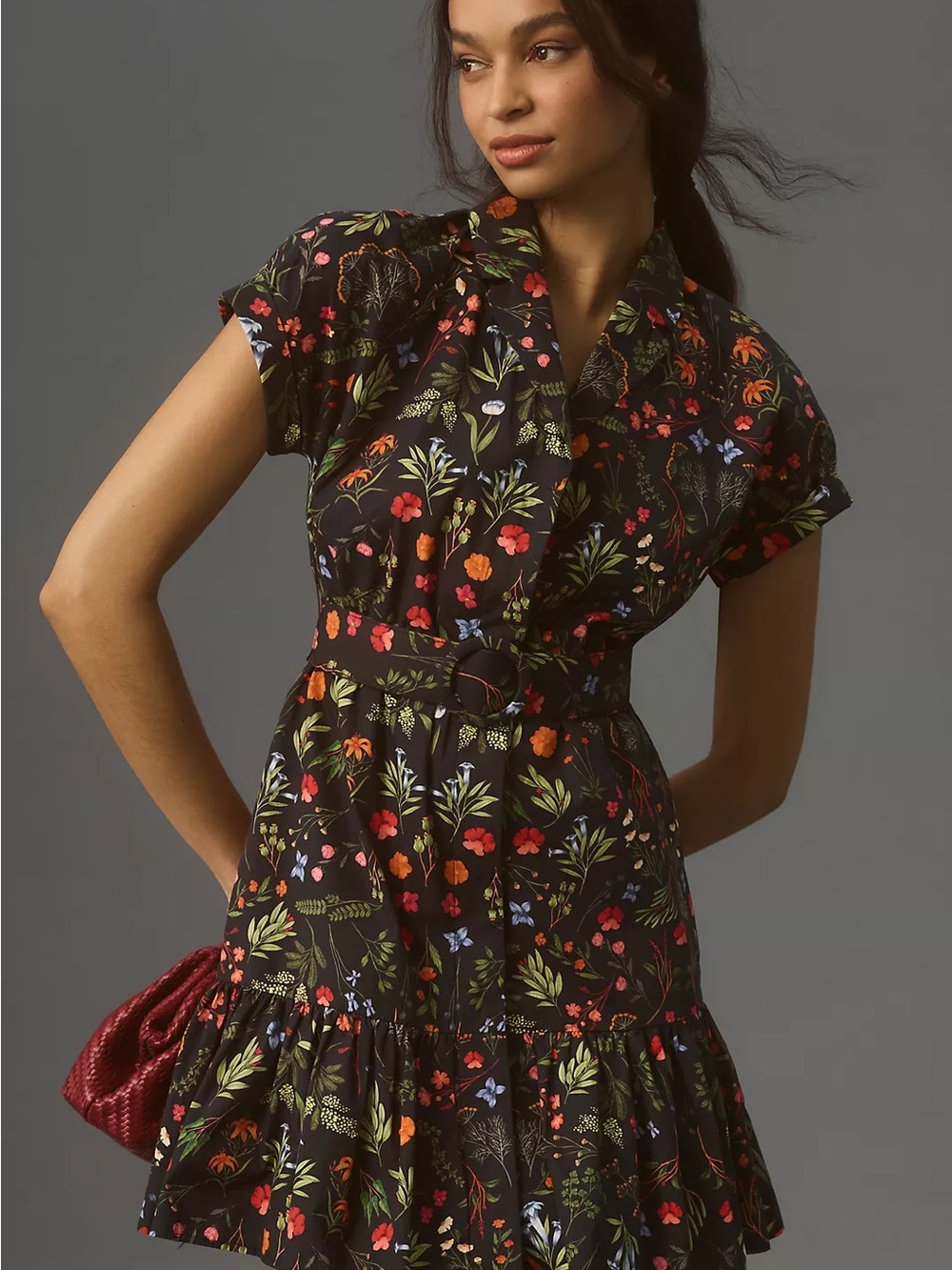 Hutch Black Botanical Floral Belted Mini Dress | Cottagecore Garden | Size Small